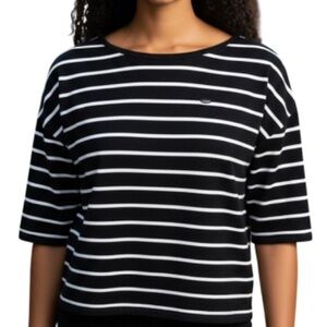 Jacob Striped Drop Shoulder Short Sleeve T-Shirt Black White Cotton Modal M